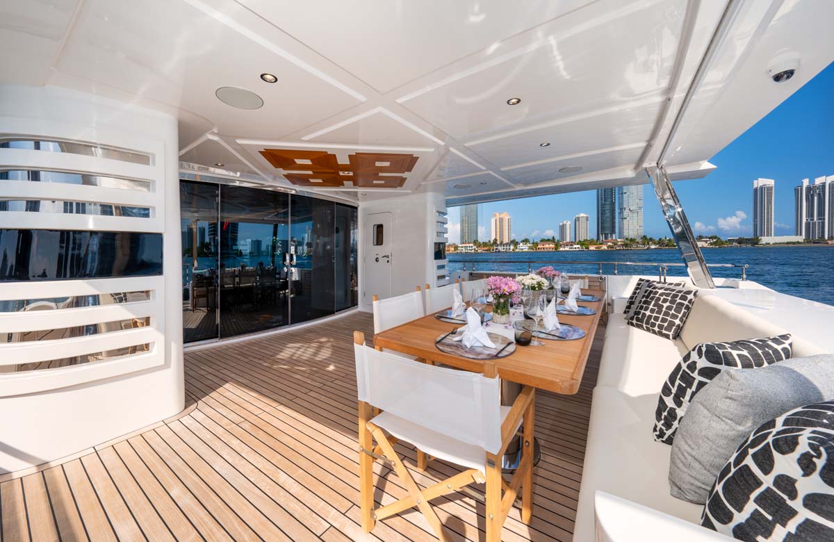 Aft deck of SANTOSH 108 foot Majesty yacht for sale.