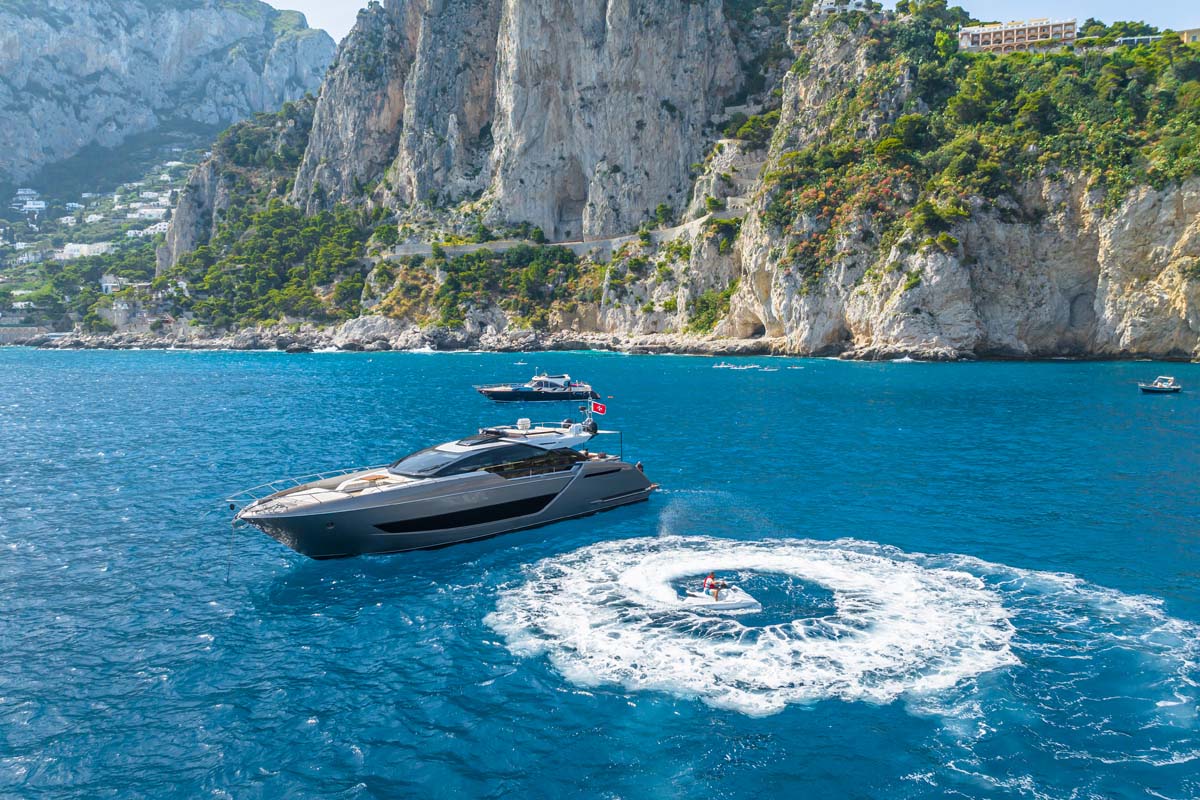 Profile of KAR 88 foot Riva yacht for charter.